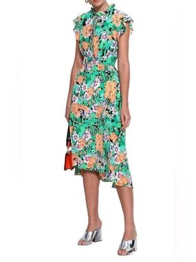 Sandro Maline Green Floral Print Silk Dress Green  size 34 (XS)